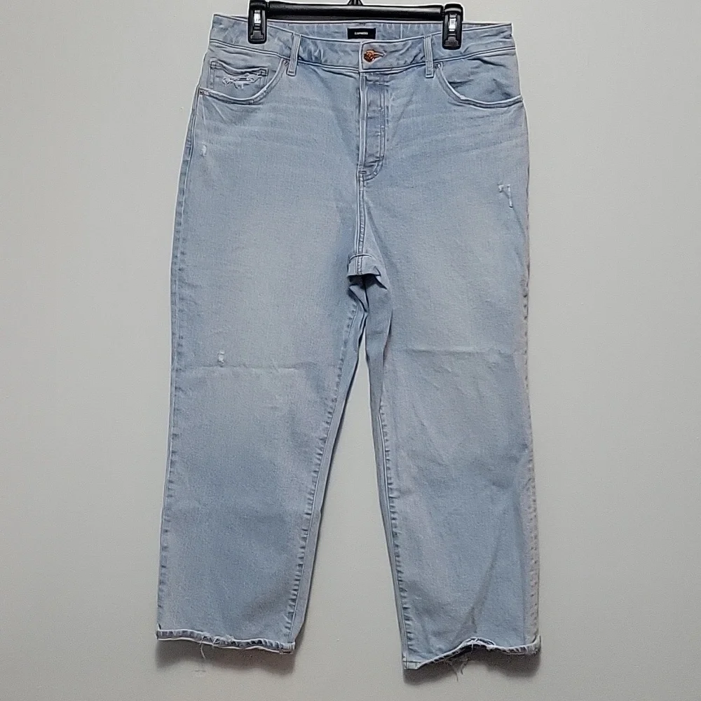 Express Blue High Rise Jeans Size 12 Womwns Light Wash Capri/ankle Pants Button - Picture 1 of 6